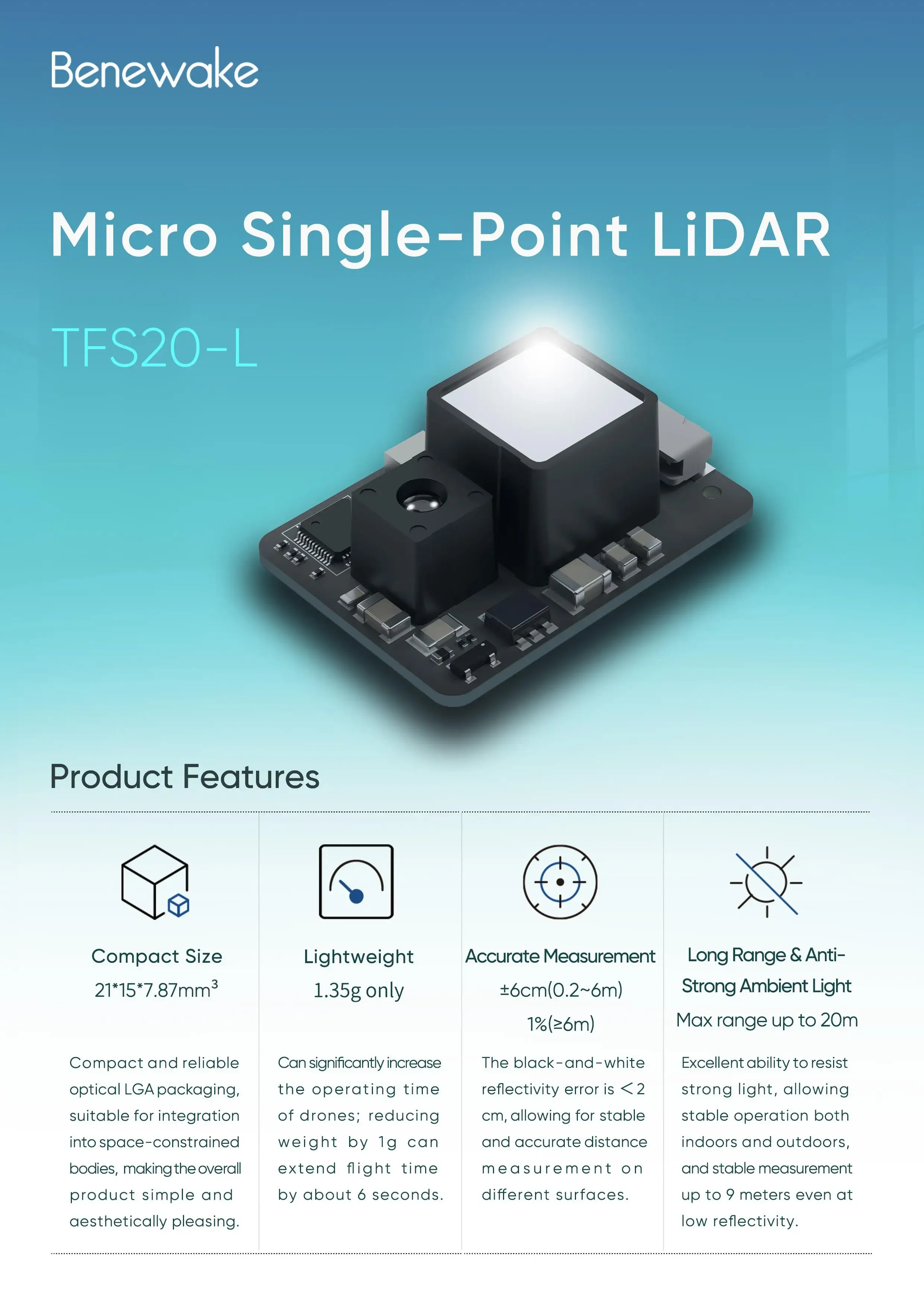 Benewake TFS20-L 20m Micro LiD - đánh giá và giá Drone Lidar